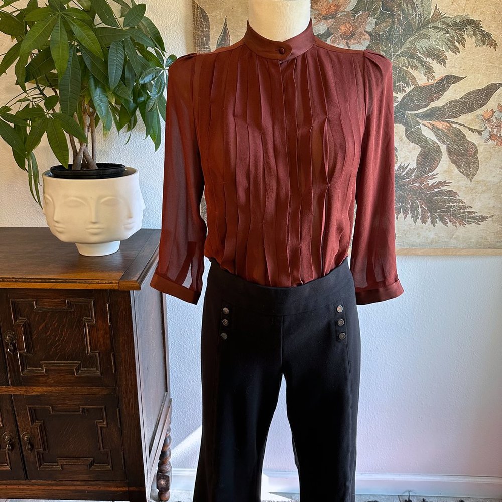 Burgundy 100% Silk Pleated Blouse by Malo Italia